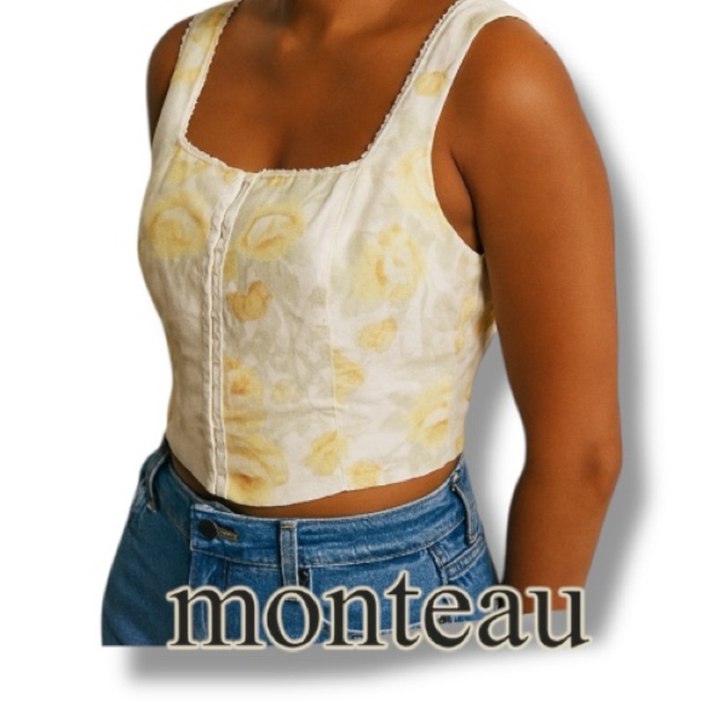 Monteau Corset Crop Top Linen Blend Floral Rose Size Large